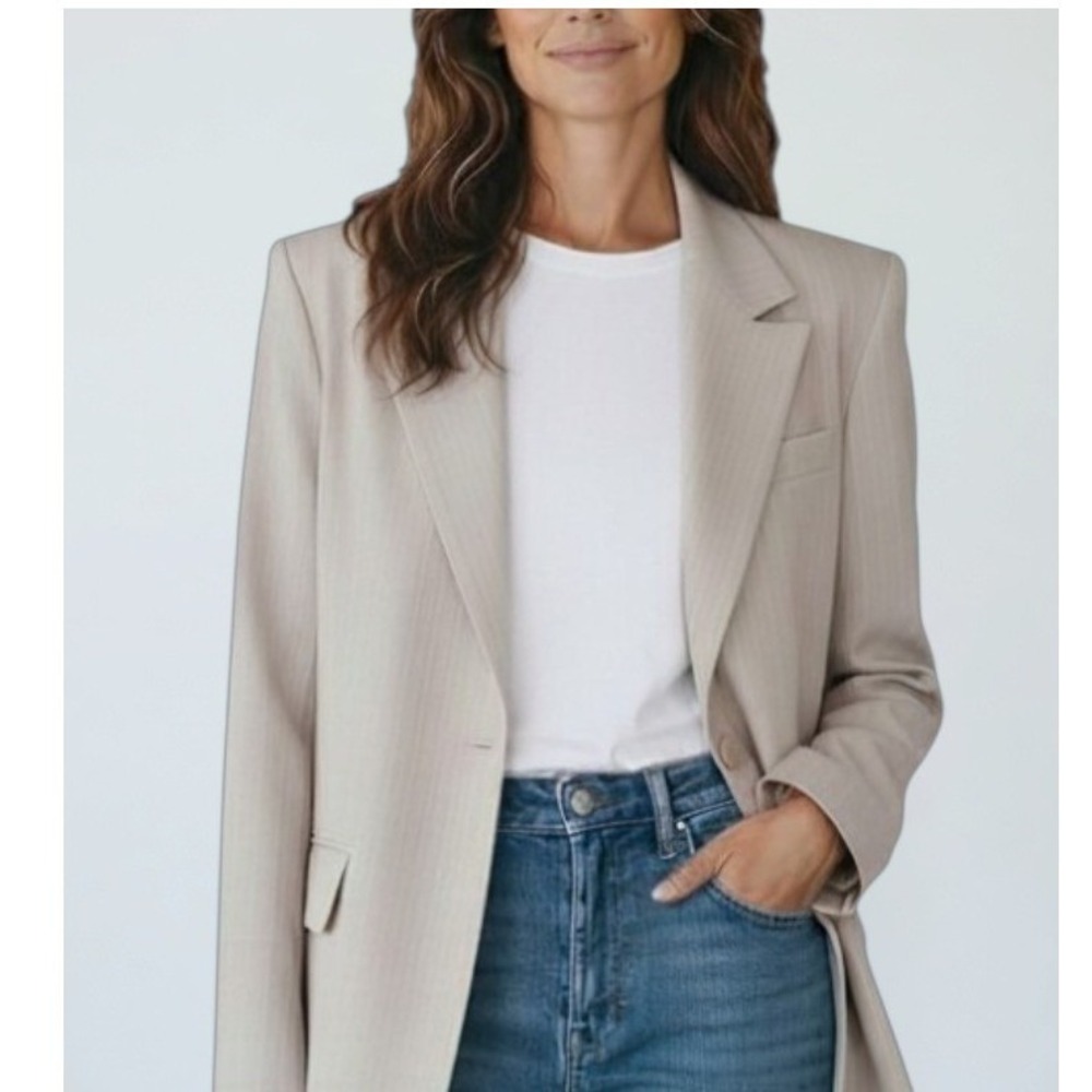 SUNDARBAY Womens M NWT Pinstripe Oversized Blazer Nude Beige Wool Blend